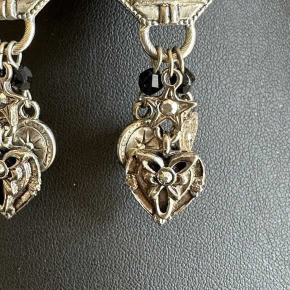 VTG Earrings Dangle Pierced 2" Rhinestones Hearts Stars Pewter Geometric Charm - Picture 5 of 7